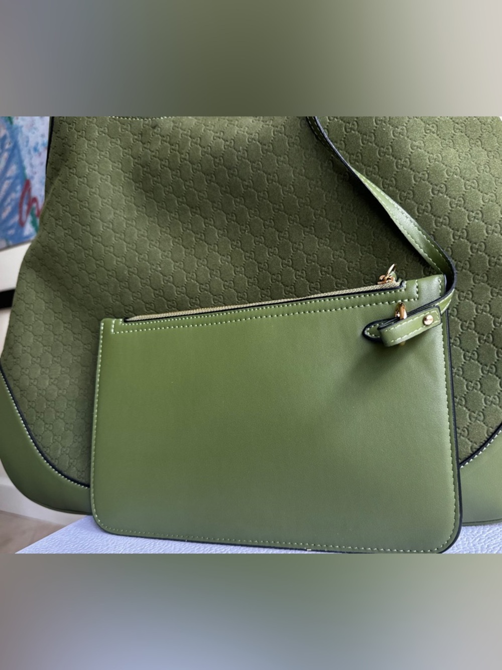 MEDIUM B Shoulder Bag w Pouchette-Moss Green Leather embossed letters - Picture 6 of 14